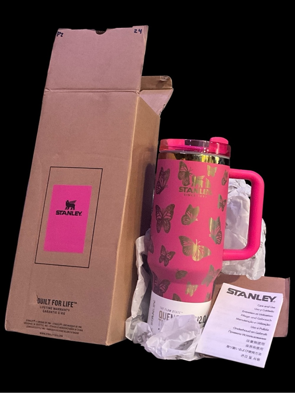 40oz Stanley Pink Tumbler with Gold Butterfly Accents and Handle